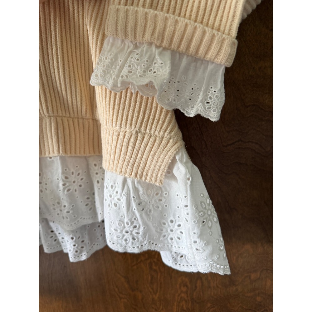 Anniewear Sz L Embroidered Eyelet Lace Ribbed Cozy Pullover Sweater Fall Layerin - Picture 9 of 11